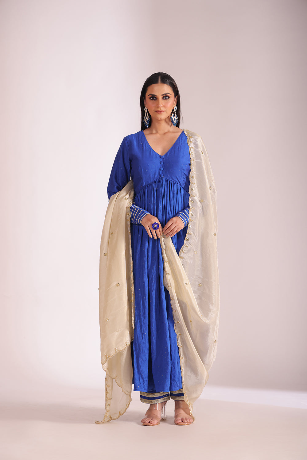 Mastani Blue Chanderi Anarkali and Pant with dupatta- set of 3