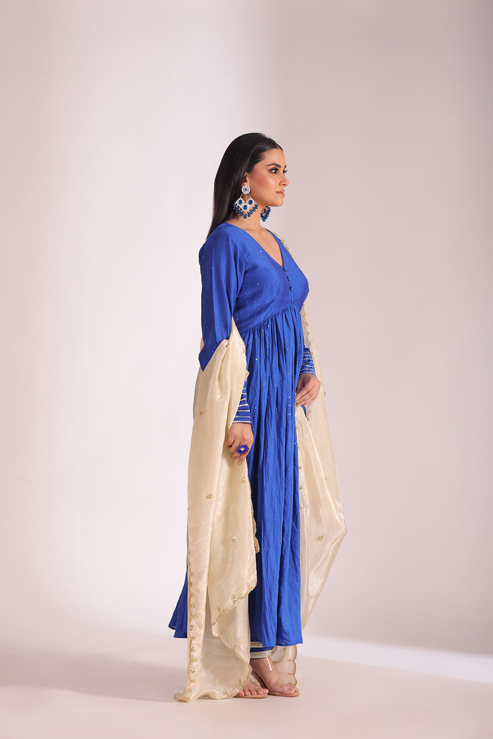 Mastani Blue Chanderi Anarkali and Pant with dupatta- set of 3