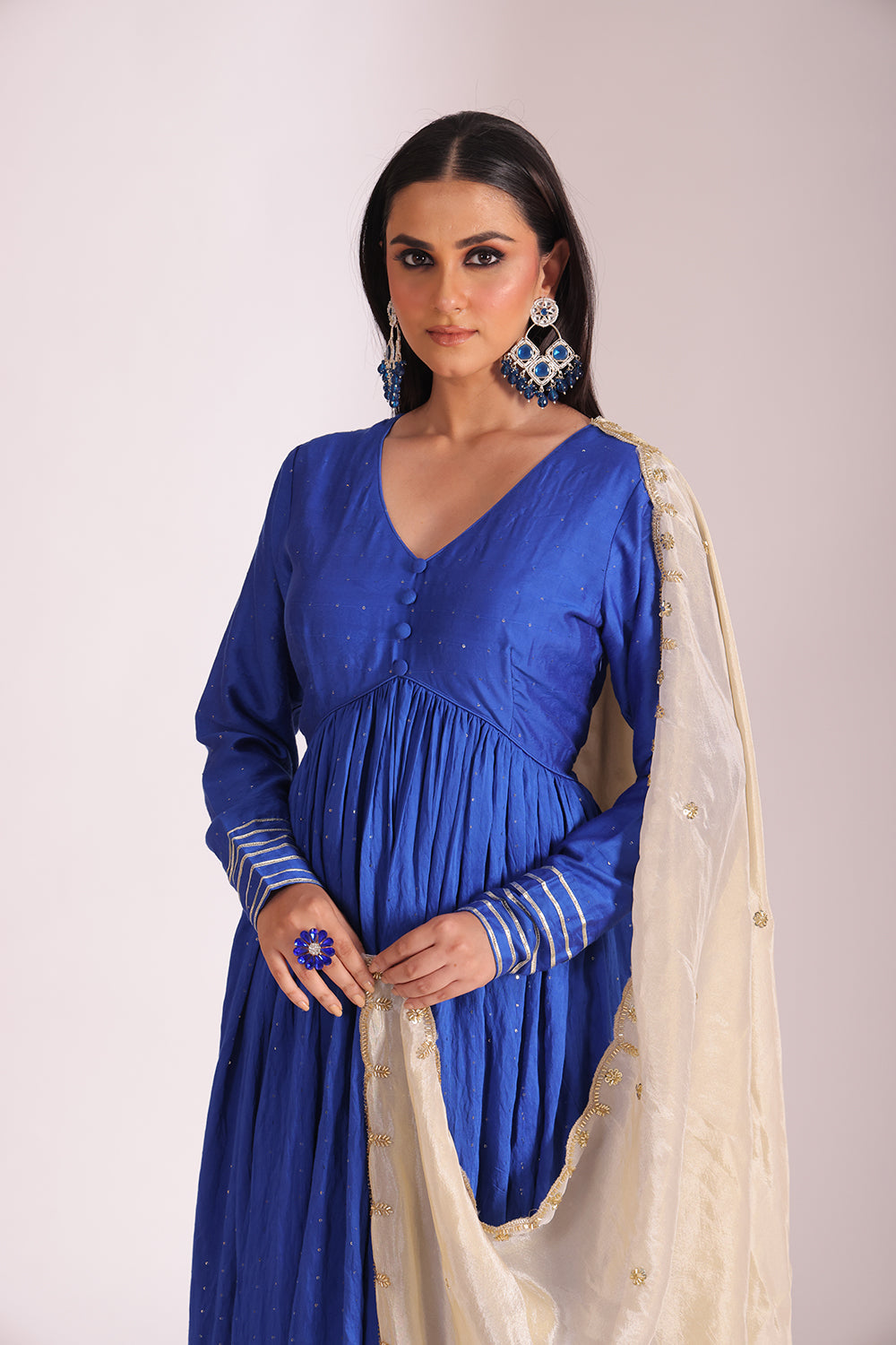 Mastani Blue Chanderi Anarkali and Pant with dupatta- set of 3