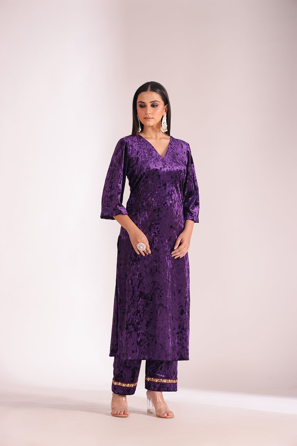 Noor-E-Zar Purple Velvet Kurta with Velvet Palazzo and Shawl - Set of 3