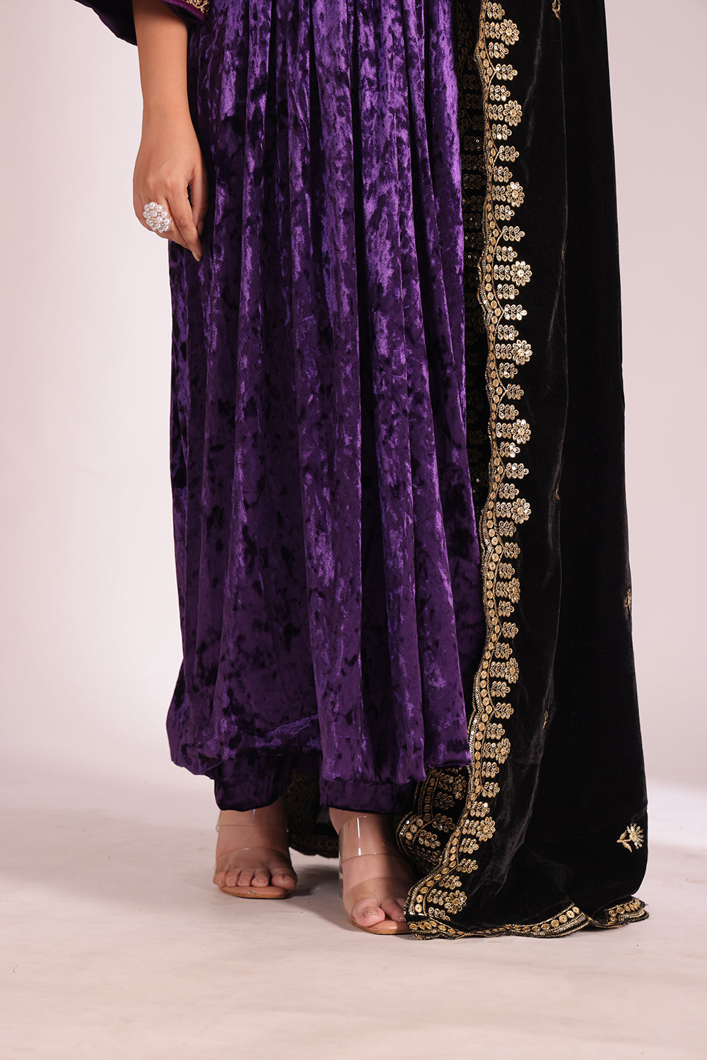 Noor-E-Zar Purple Velvet Anarkali with Velvet Palazzo and Shawl - Set of 3