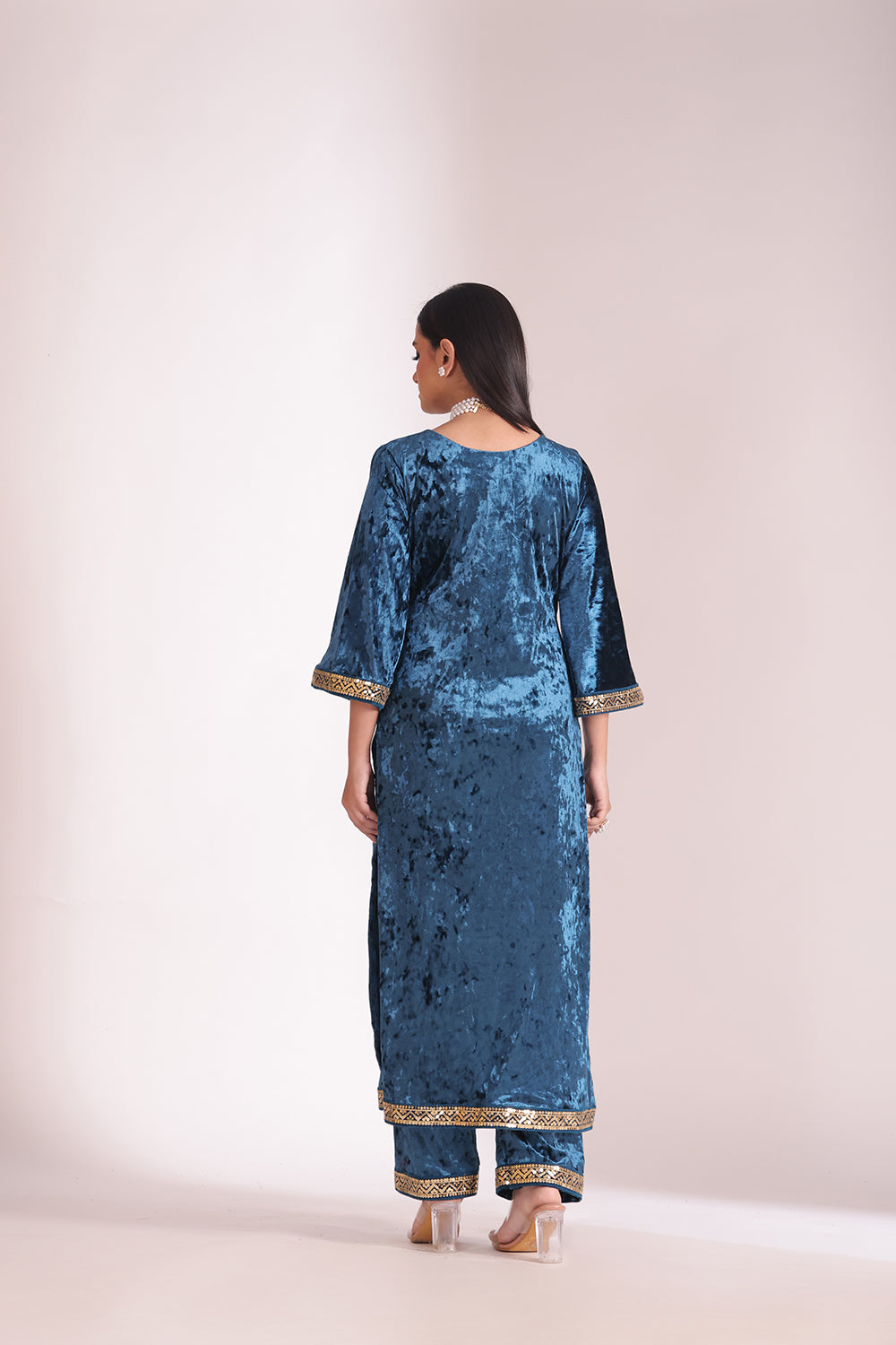 Noor-E-Zar Teal Velvet Kurta with velvet pants and Shawl - Set of 3