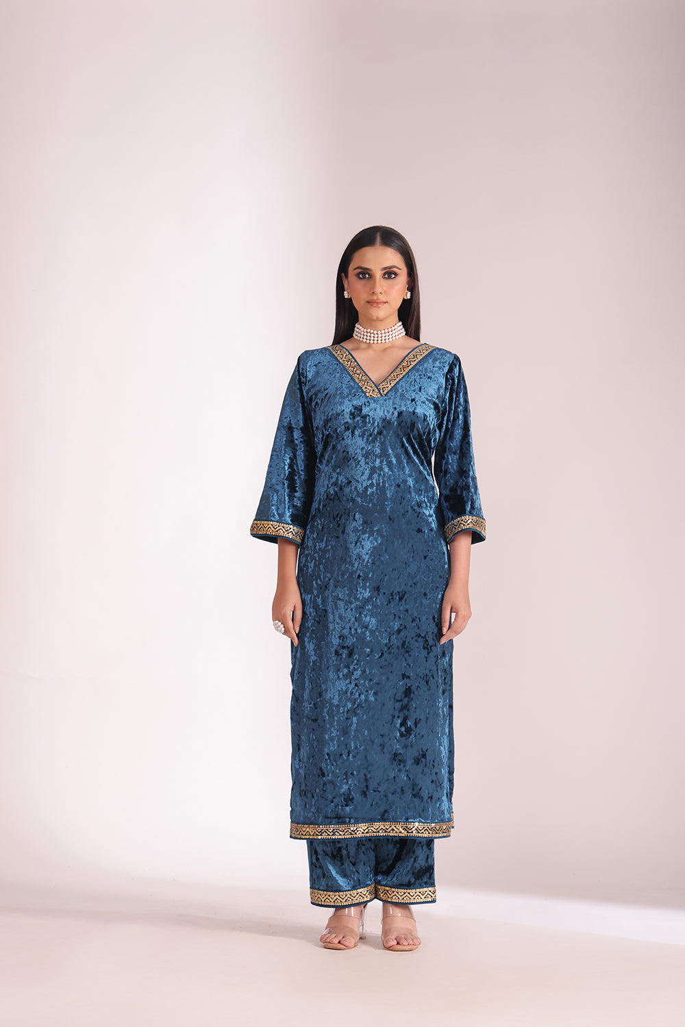 Noor-E-Zar Teal Velvet Kurta with velvet pants and Shawl - Set of 3