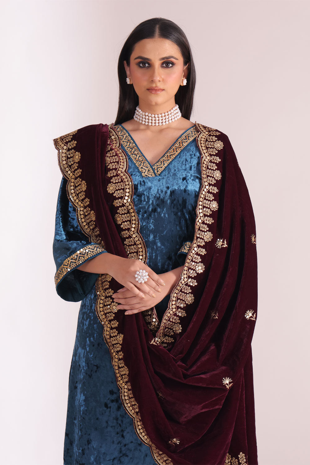 Noor-E-Zar Teal Velvet Kurta with velvet pants and Shawl - Set of 3