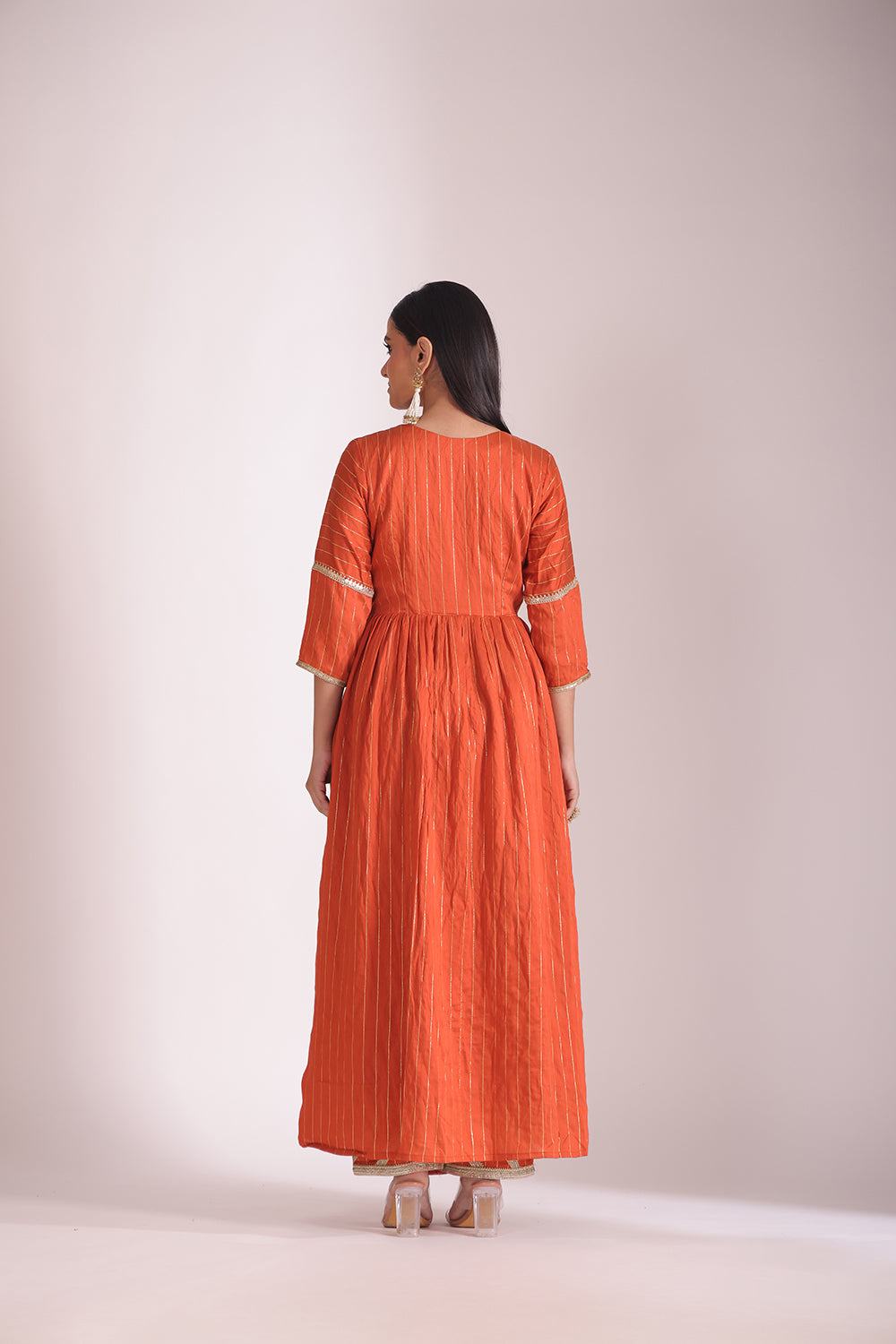 Mastani Rust Orange Chanderi Anarkali and Pant with dupatta- set of 3