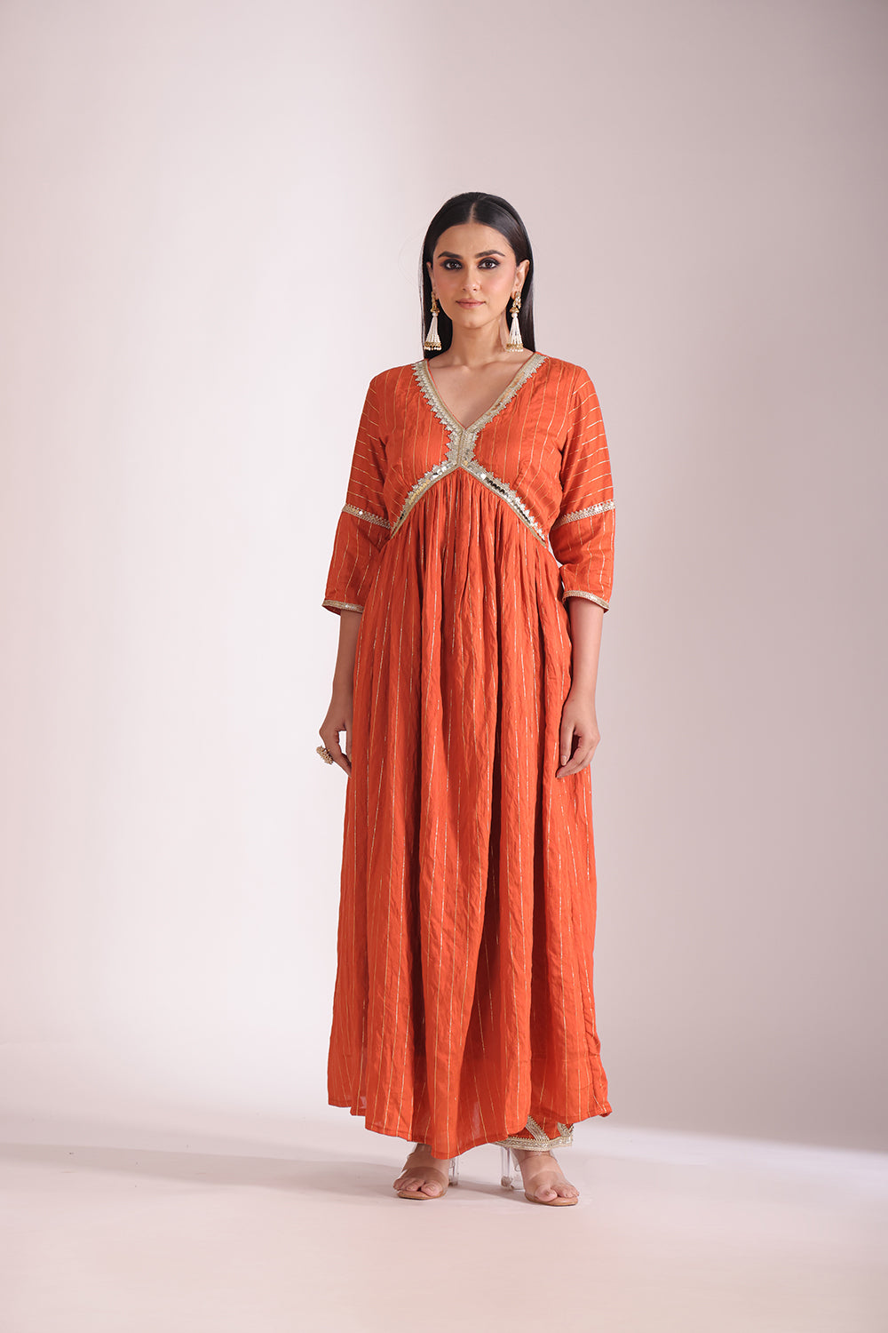 Mastani Rust Orange Chanderi Anarkali and Pant with dupatta- set of 3