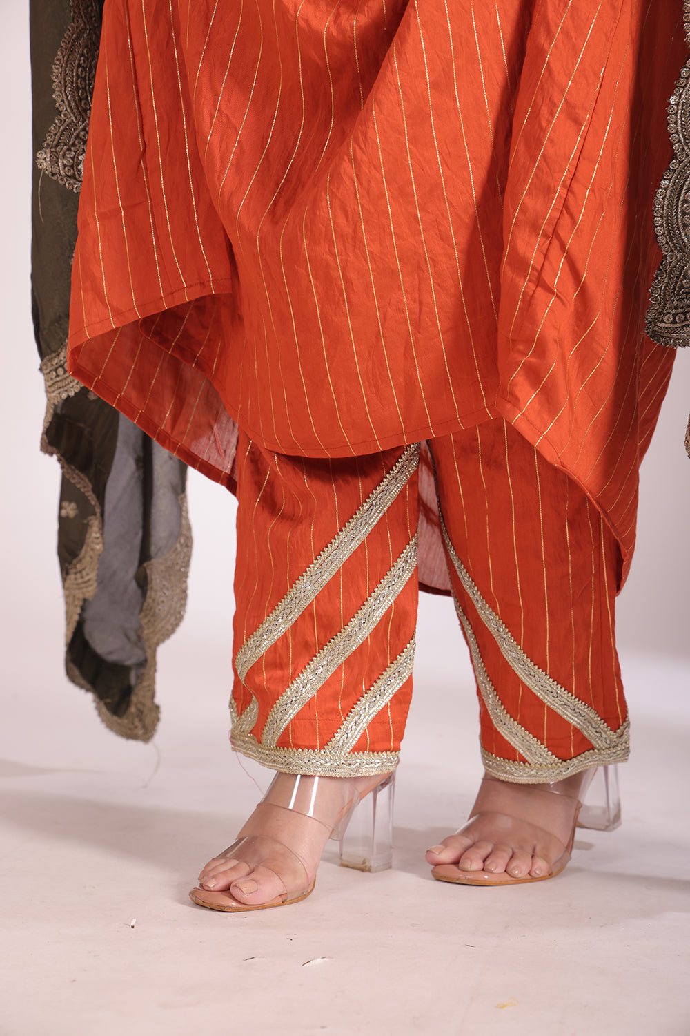 Mastani Rust Orange Chanderi Anarkali and Pant with dupatta- set of 3