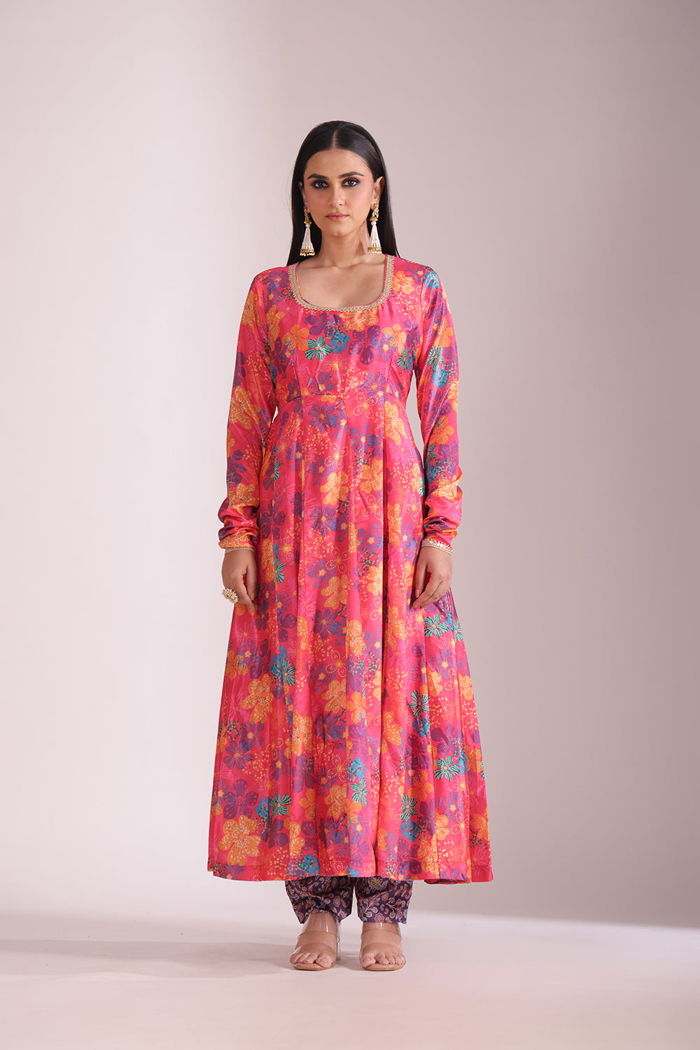 Gulzar Pink Floral printed Anarkali with pant and dupatta- set of 3