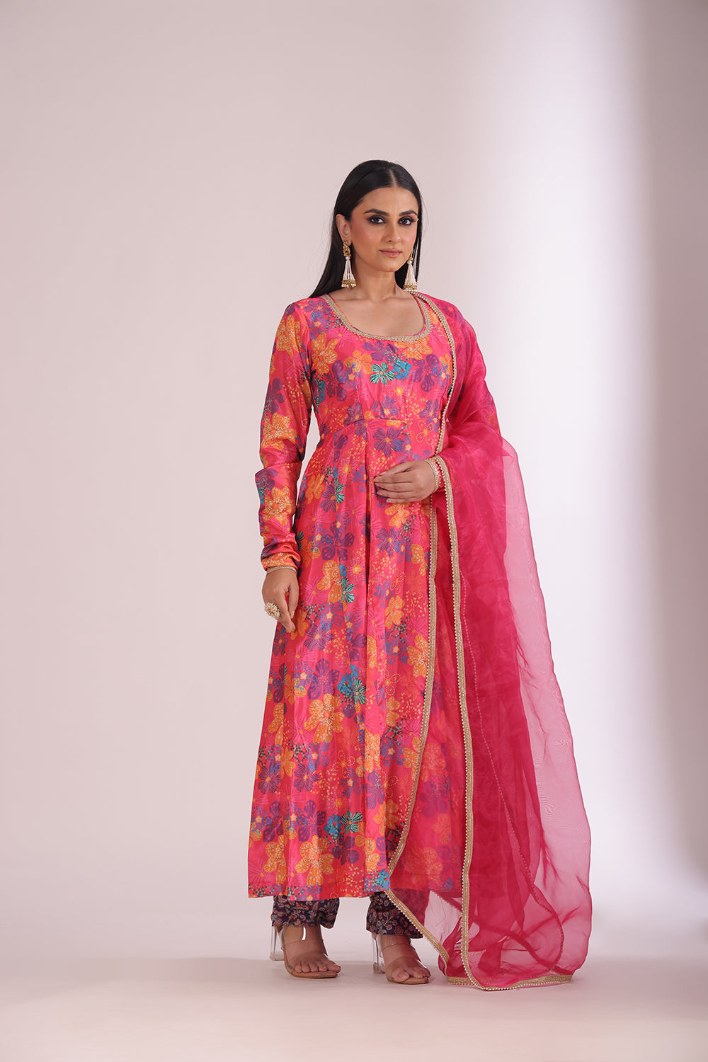 Gulzar Pink Floral printed Anarkali with pant and dupatta- set of 3