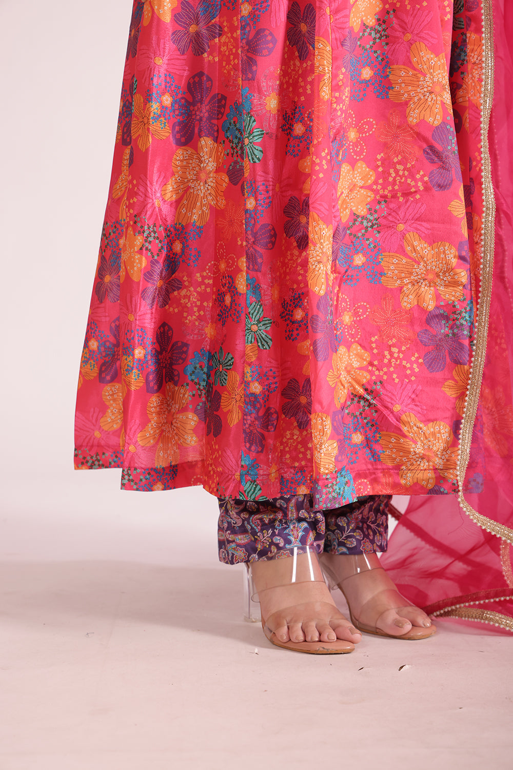 Gulzar Pink Floral printed Anarkali with pant and dupatta- set of 3