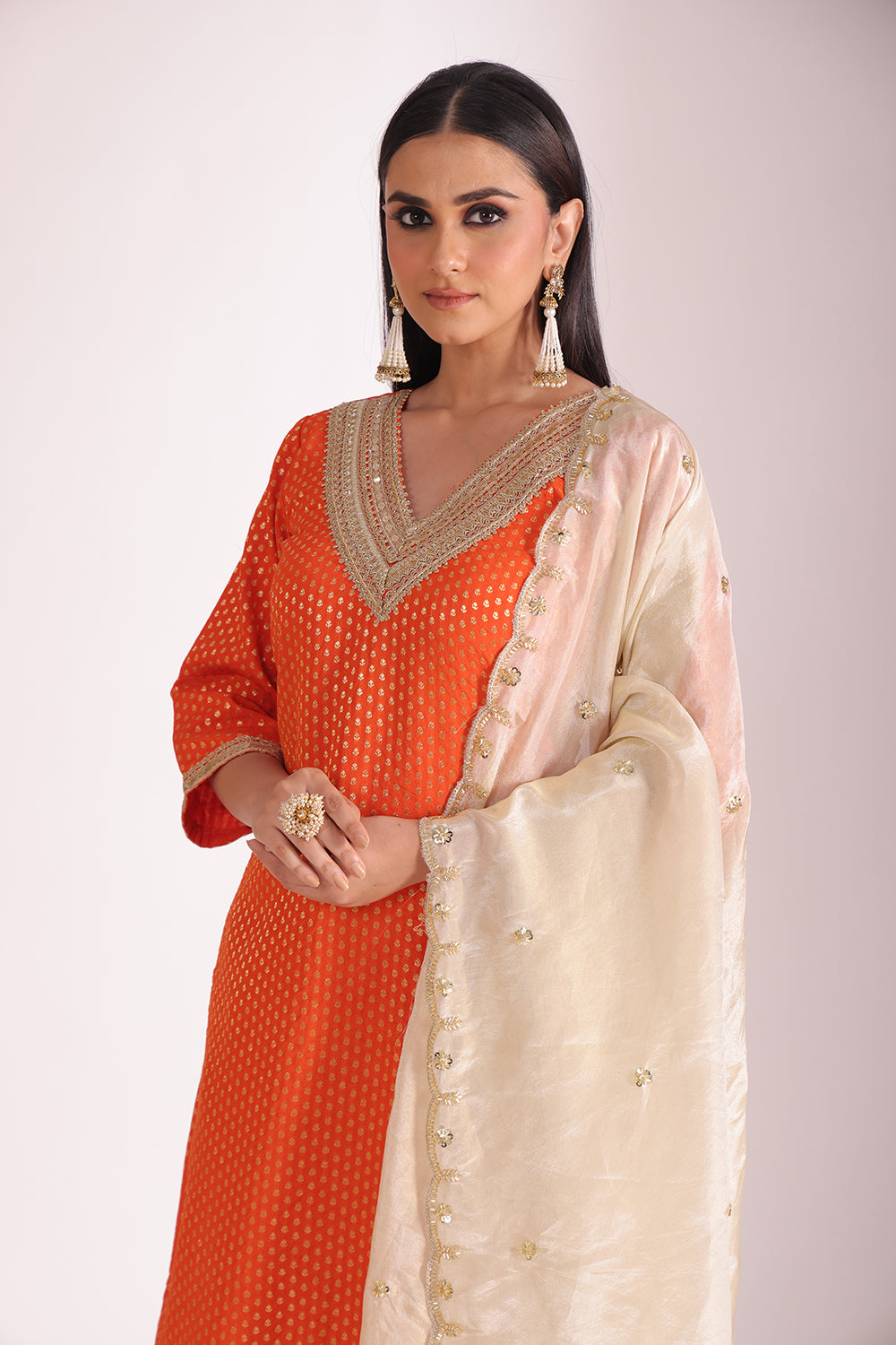 Noorika Orange Silk Kurta with Pant and dupatta- set of 3