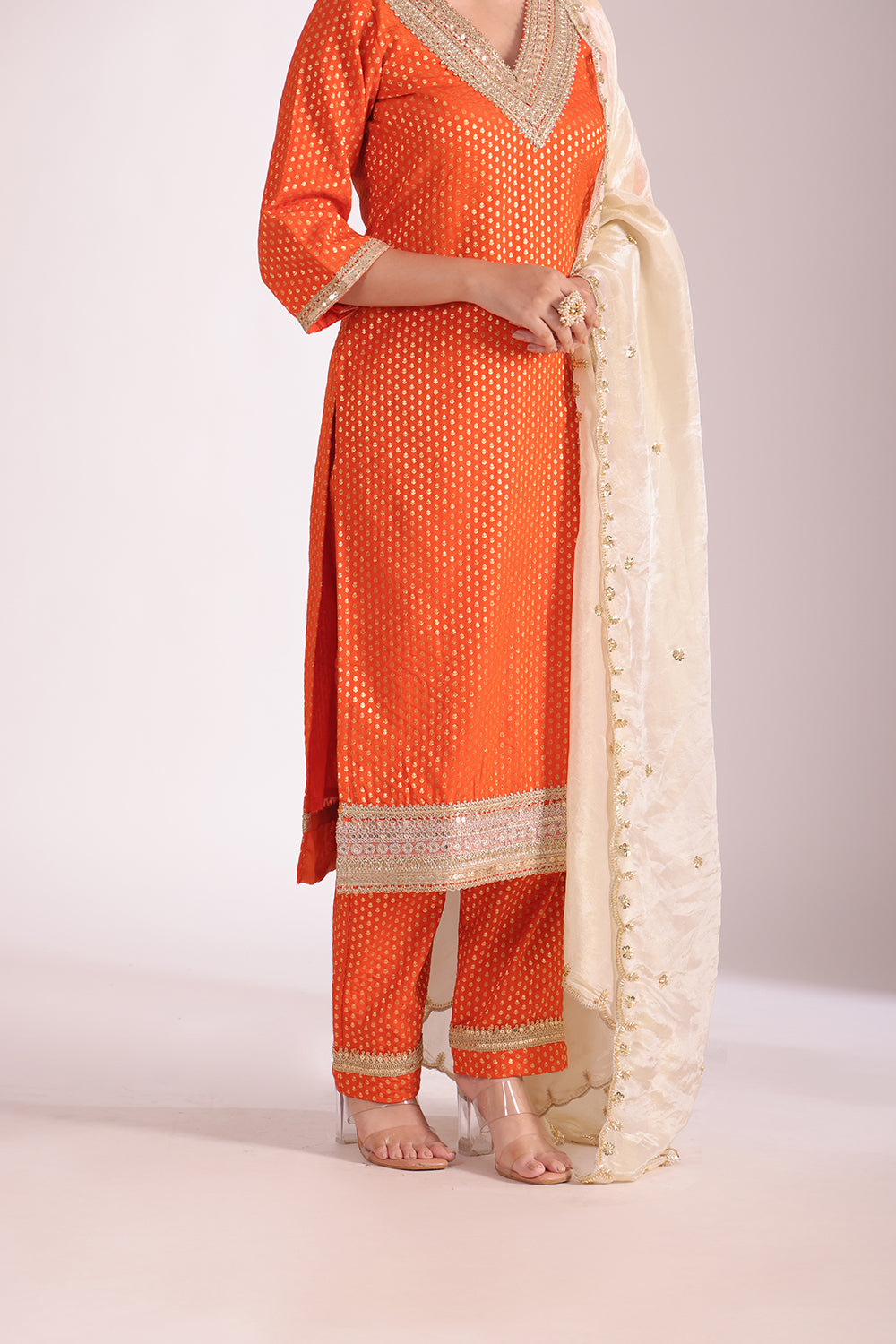 Noorika Orange Silk Kurta with Pant and dupatta- set of 3