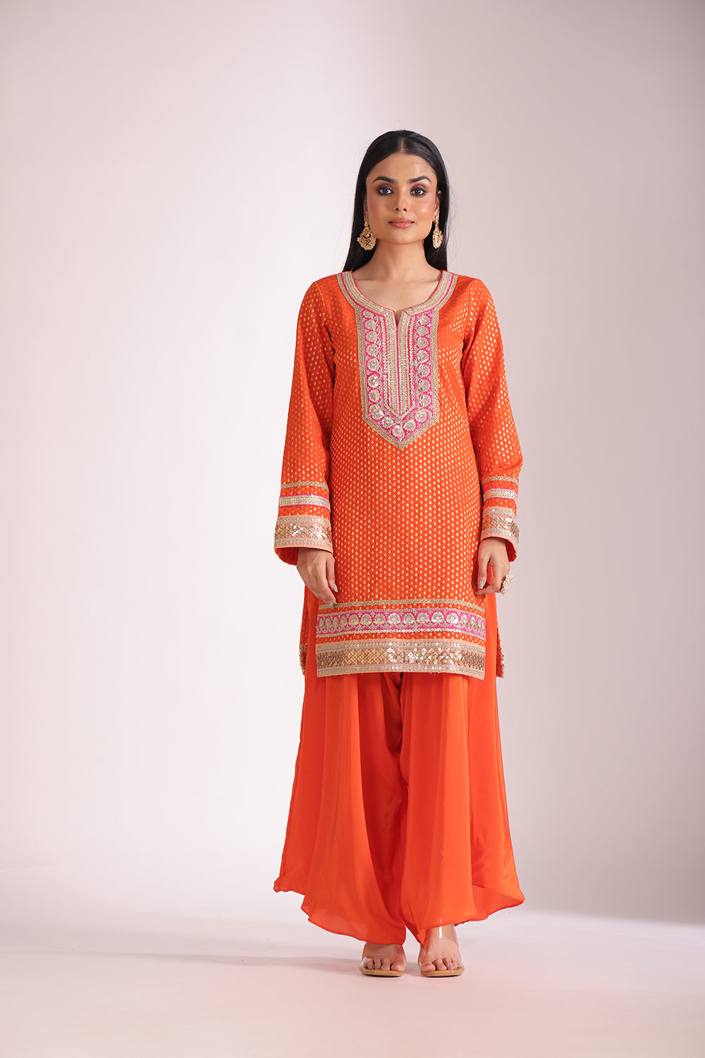 Noorika Orange Silk Kurta with Dhoti pant and dupatta- set of 3
