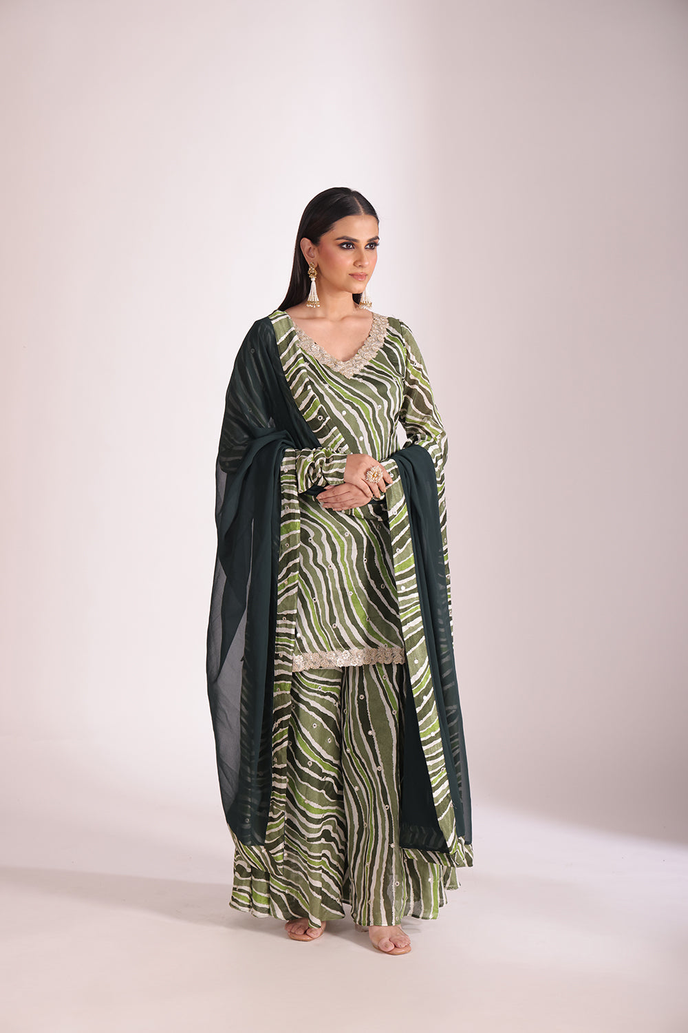 Gulzar Green printed Kurta with Sharara and dupatta- set of 3