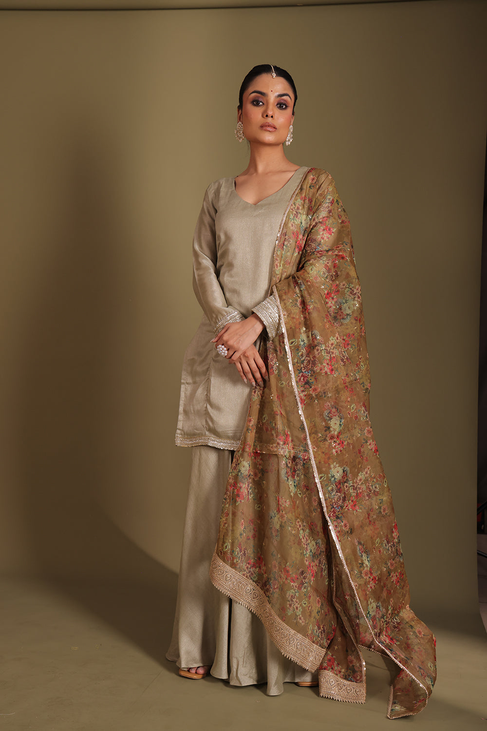 Jhalak Sage Kurta with Sharara and Dupatta- set of 3