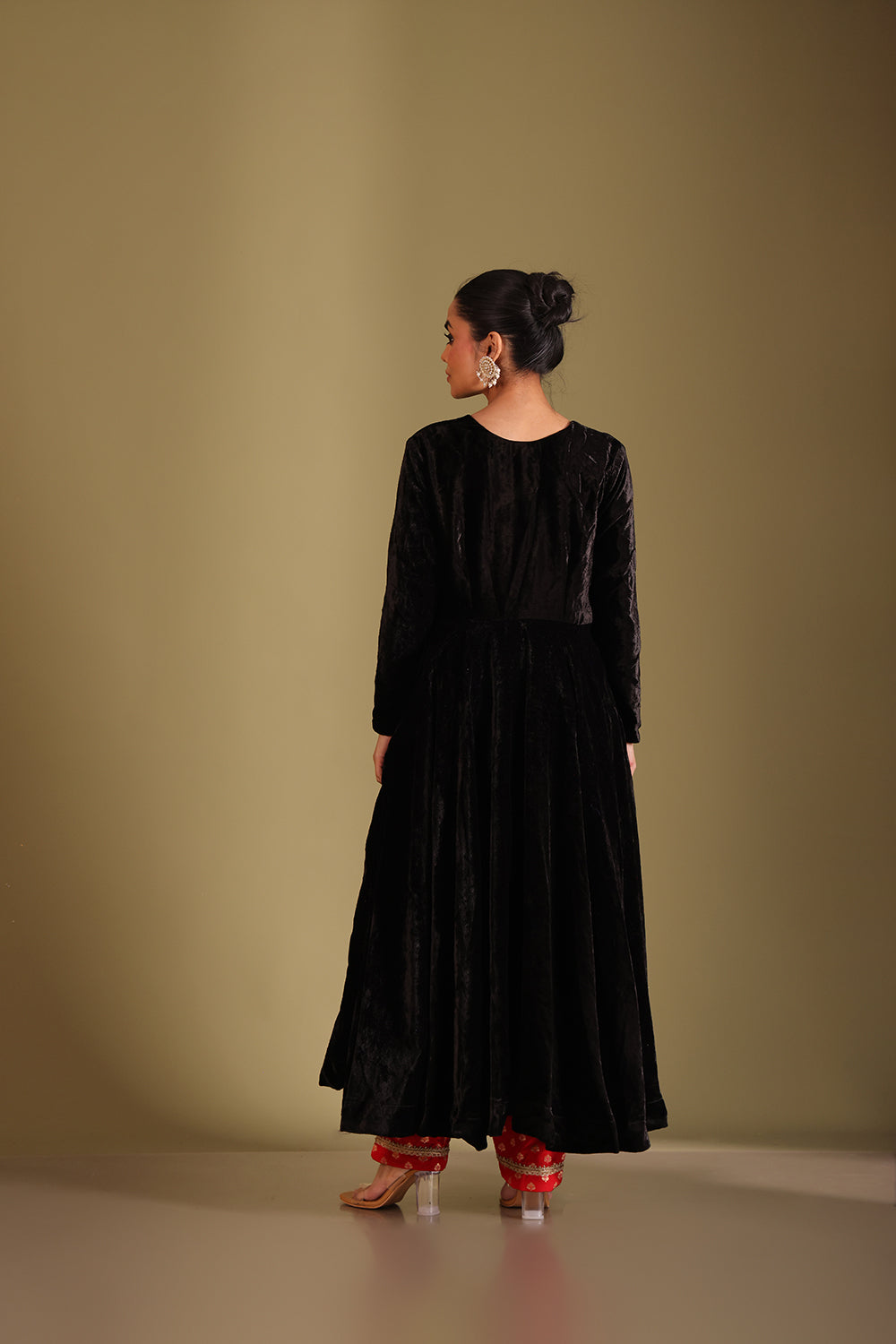 Noor-E-Zar Black Velvet Anarkali with Silk pants and Shawl - Set of 3