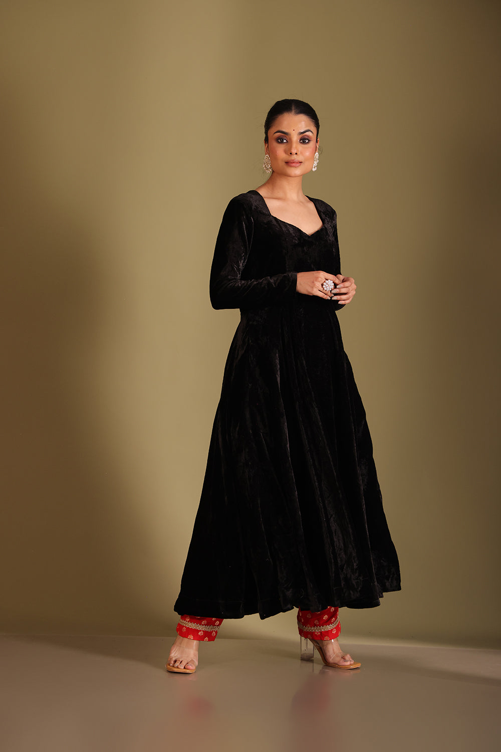 Noor-E-Zar Black Velvet Anarkali with Silk pants and Shawl - Set of 3