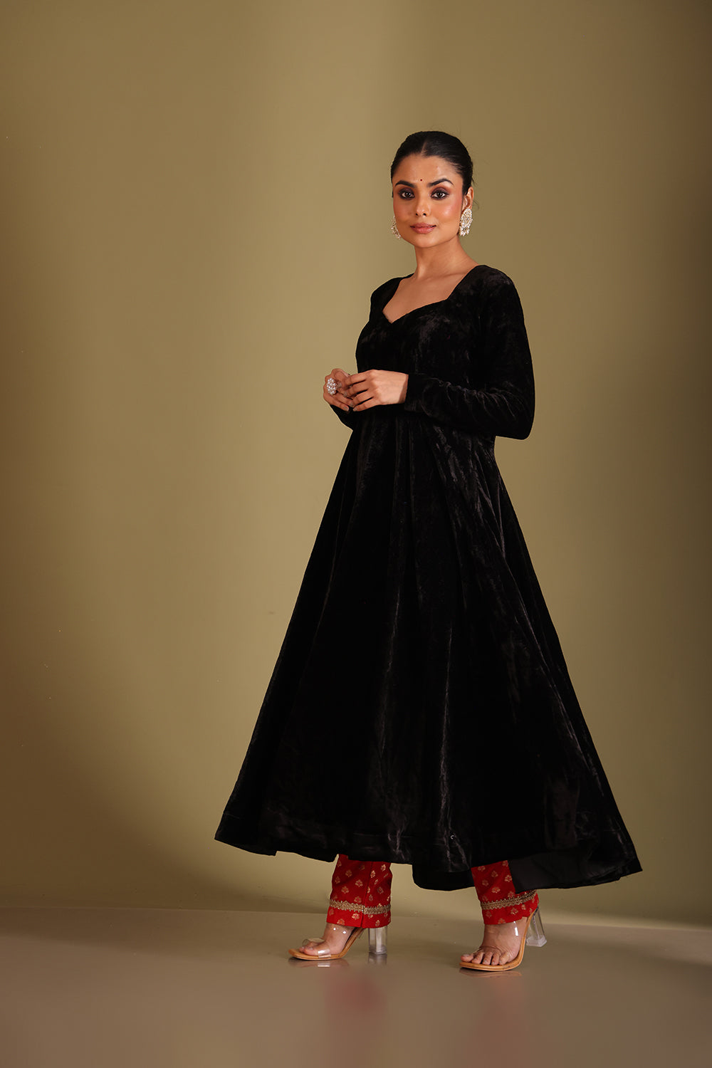 Noor-E-Zar Black Velvet Anarkali with Silk pants and Shawl - Set of 3