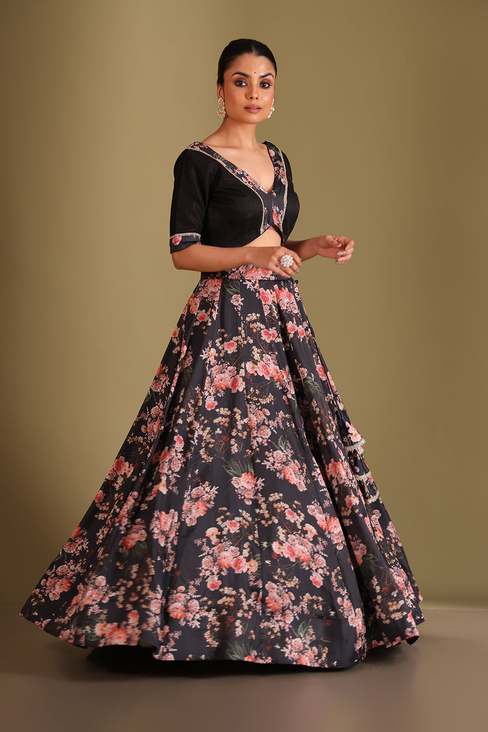 Gulzar Black Floral printed blouse with lehenga and dupatta- set of 3