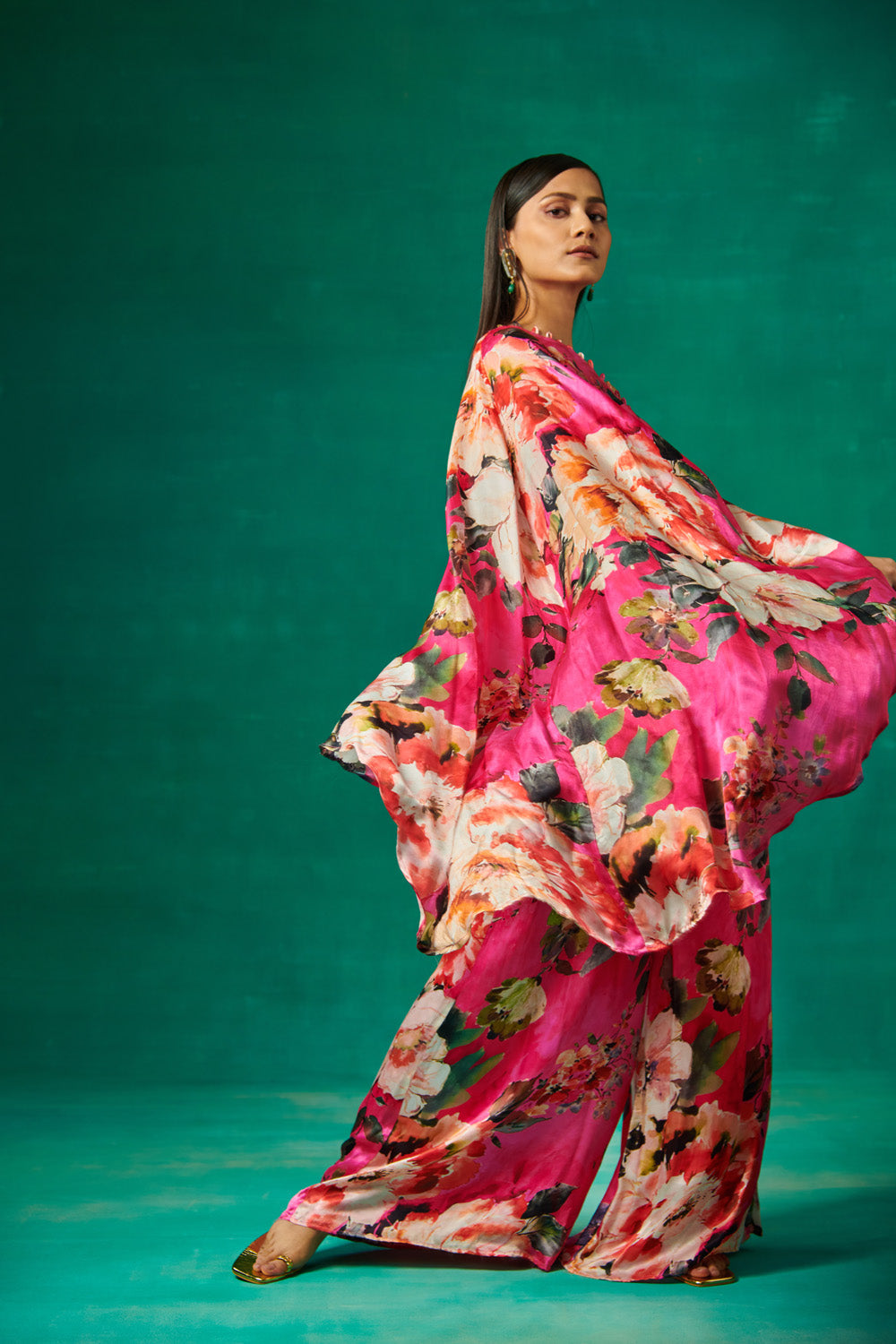Pink Floral Print High Low Cape With Pants