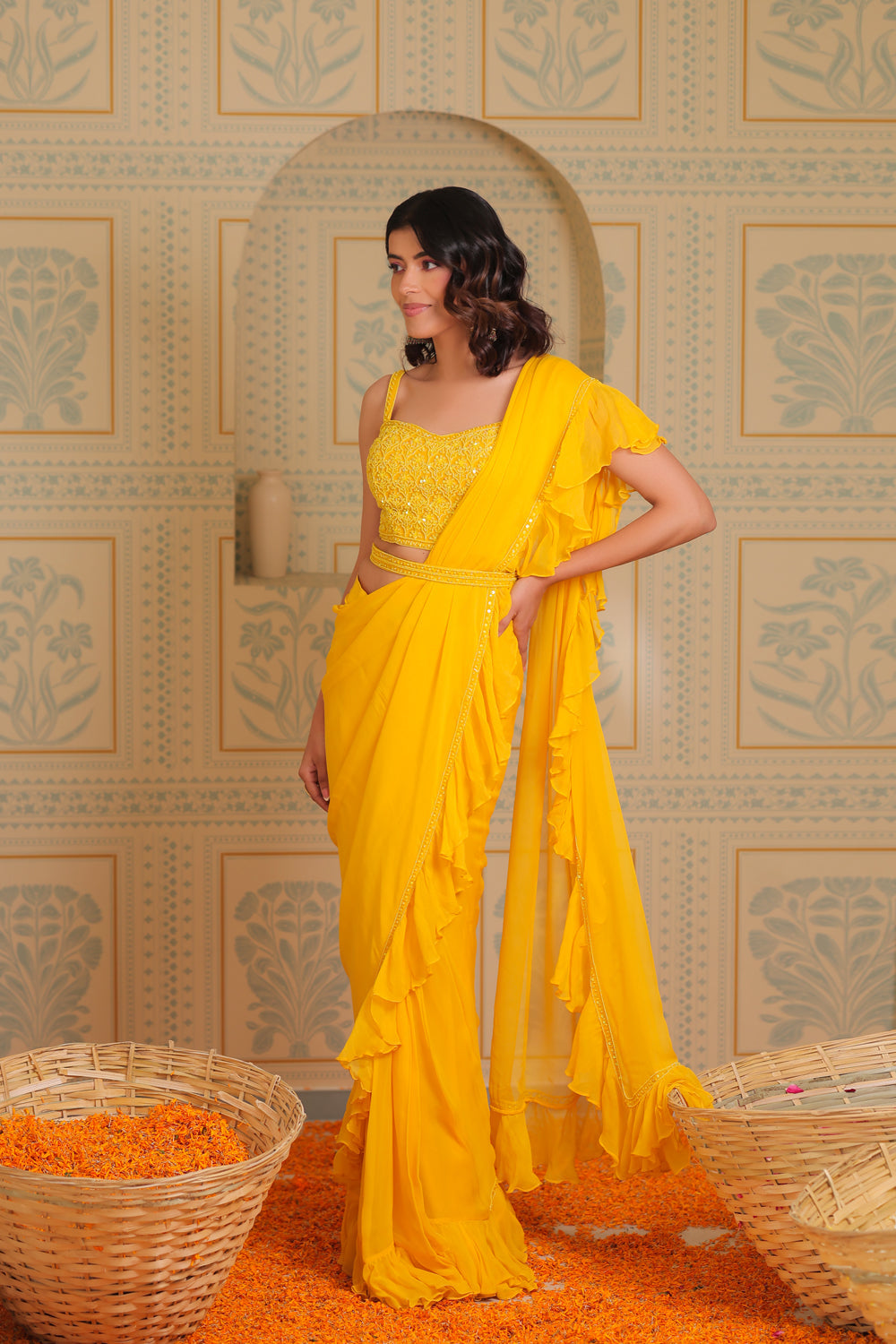 Yellow Drape Saree With Blouse And Belt