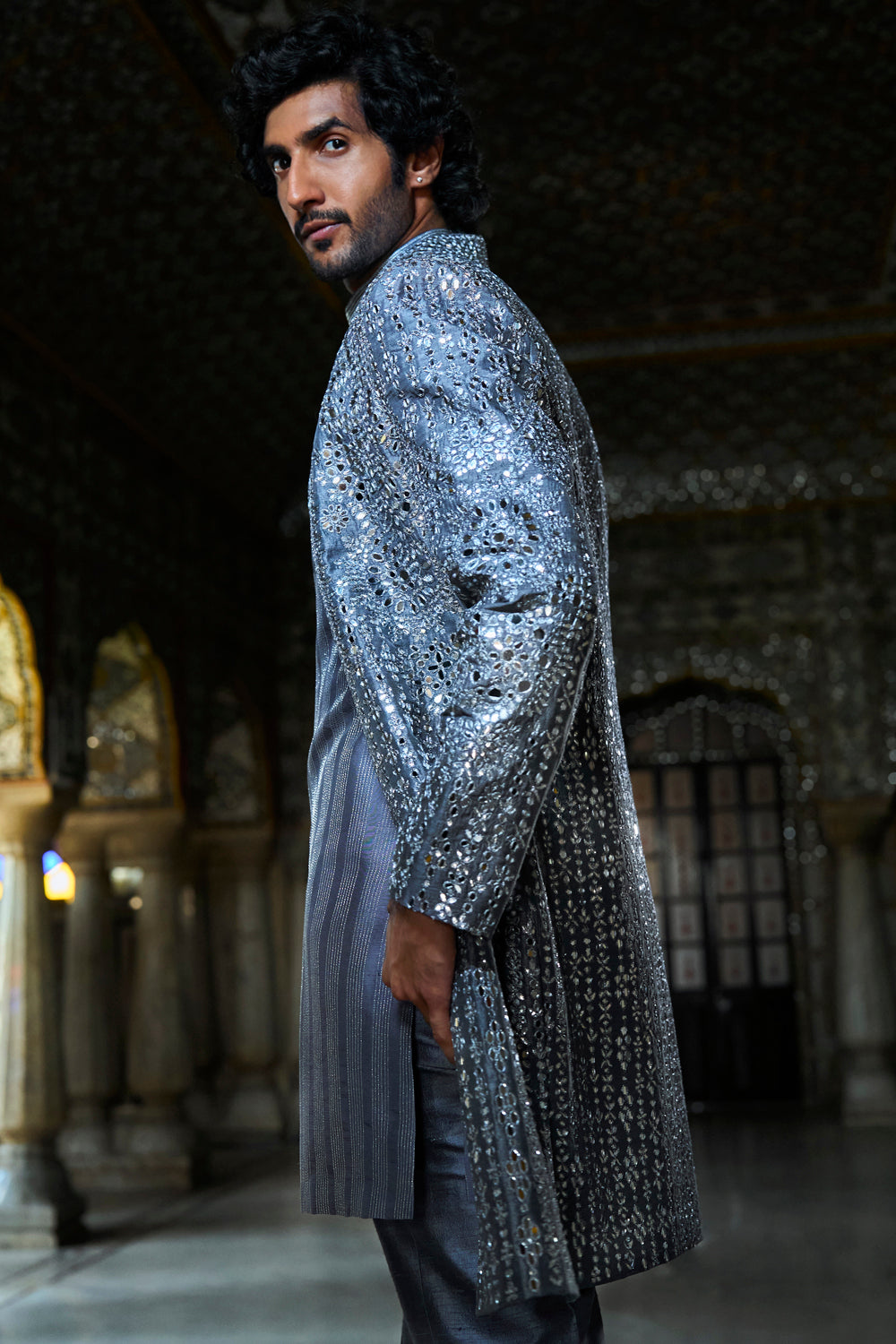 Steel Grey Mirror Work Open Jacket Set