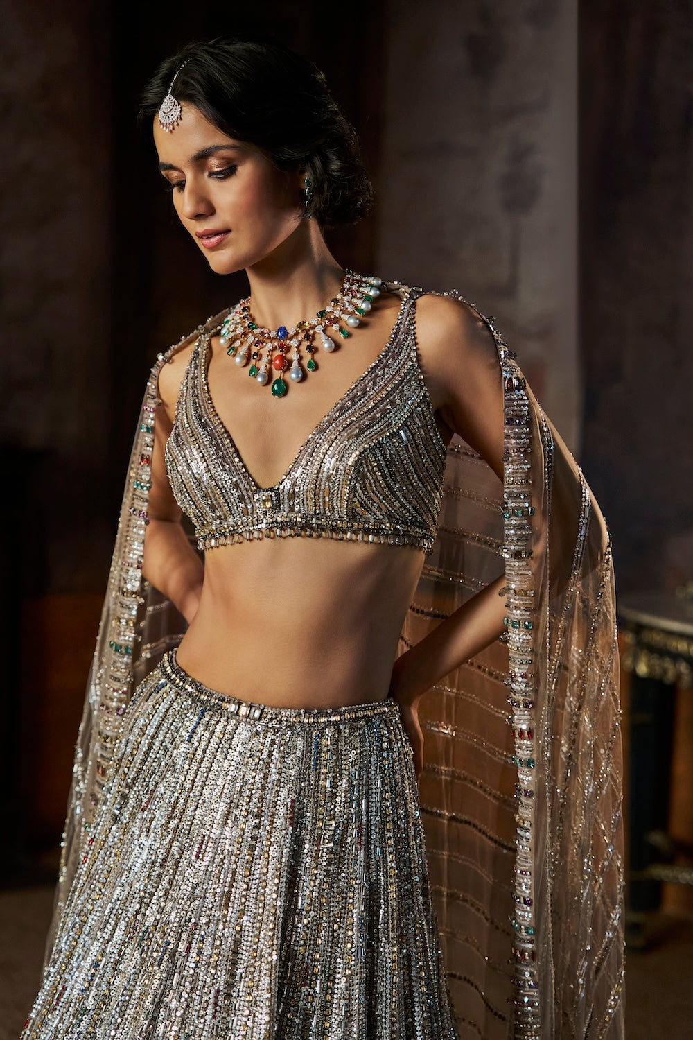 Charcoal Multi-Coloured Crystal Lehenga Set