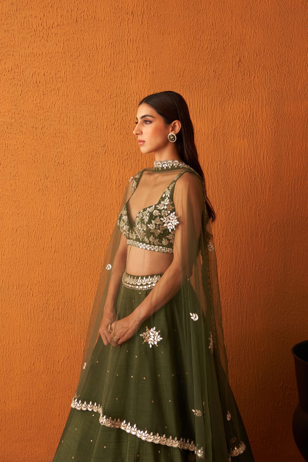 Forest Green Raw Silk Lehnga Set
