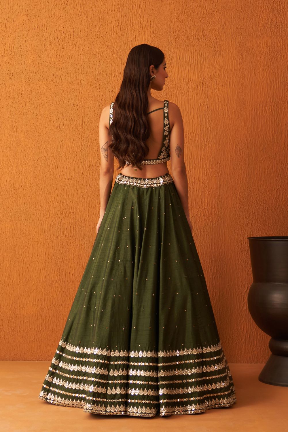 Forest Green Raw Silk Lehnga Set