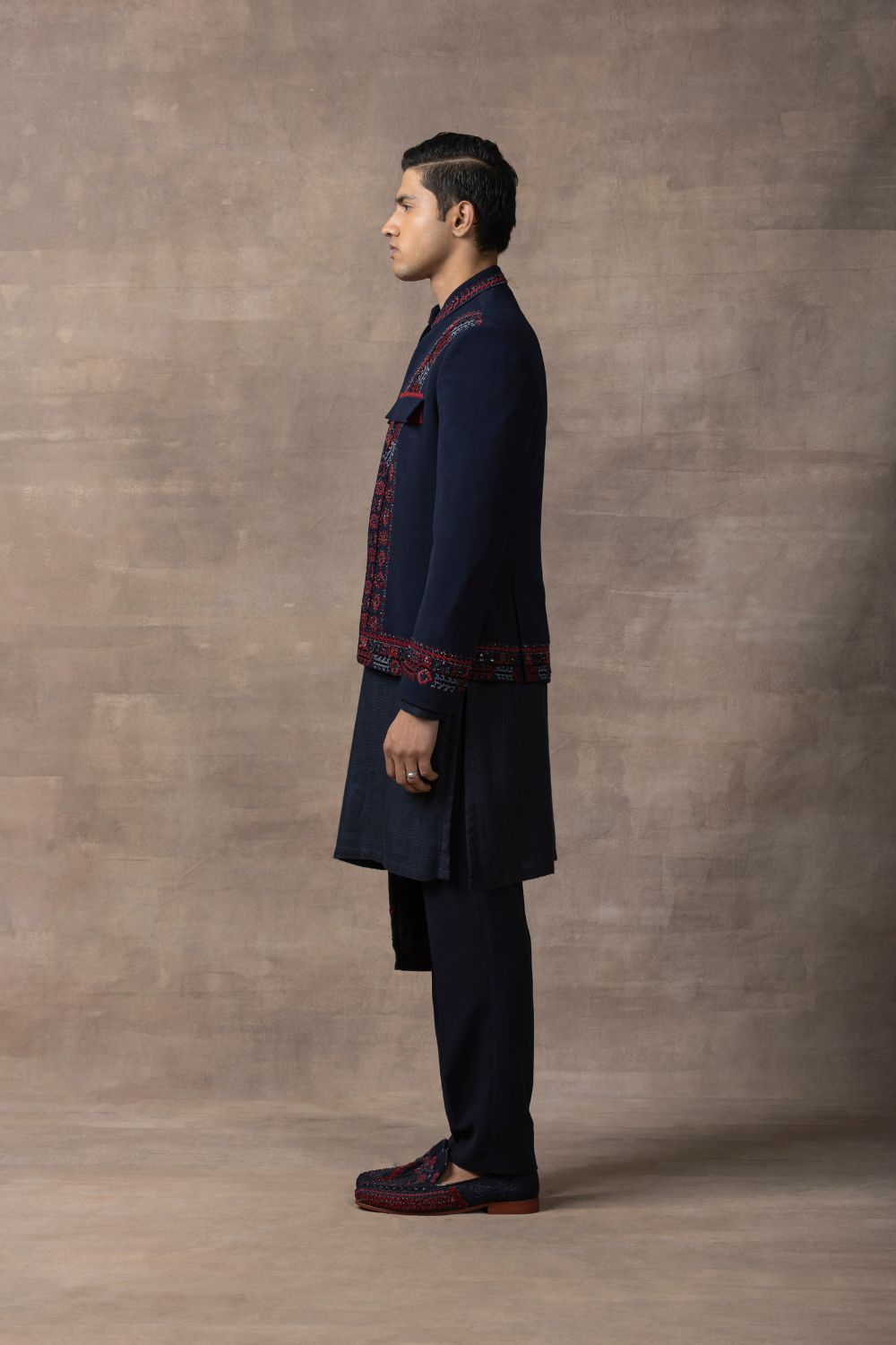 Navy Embroidered Open Bandhgala Set