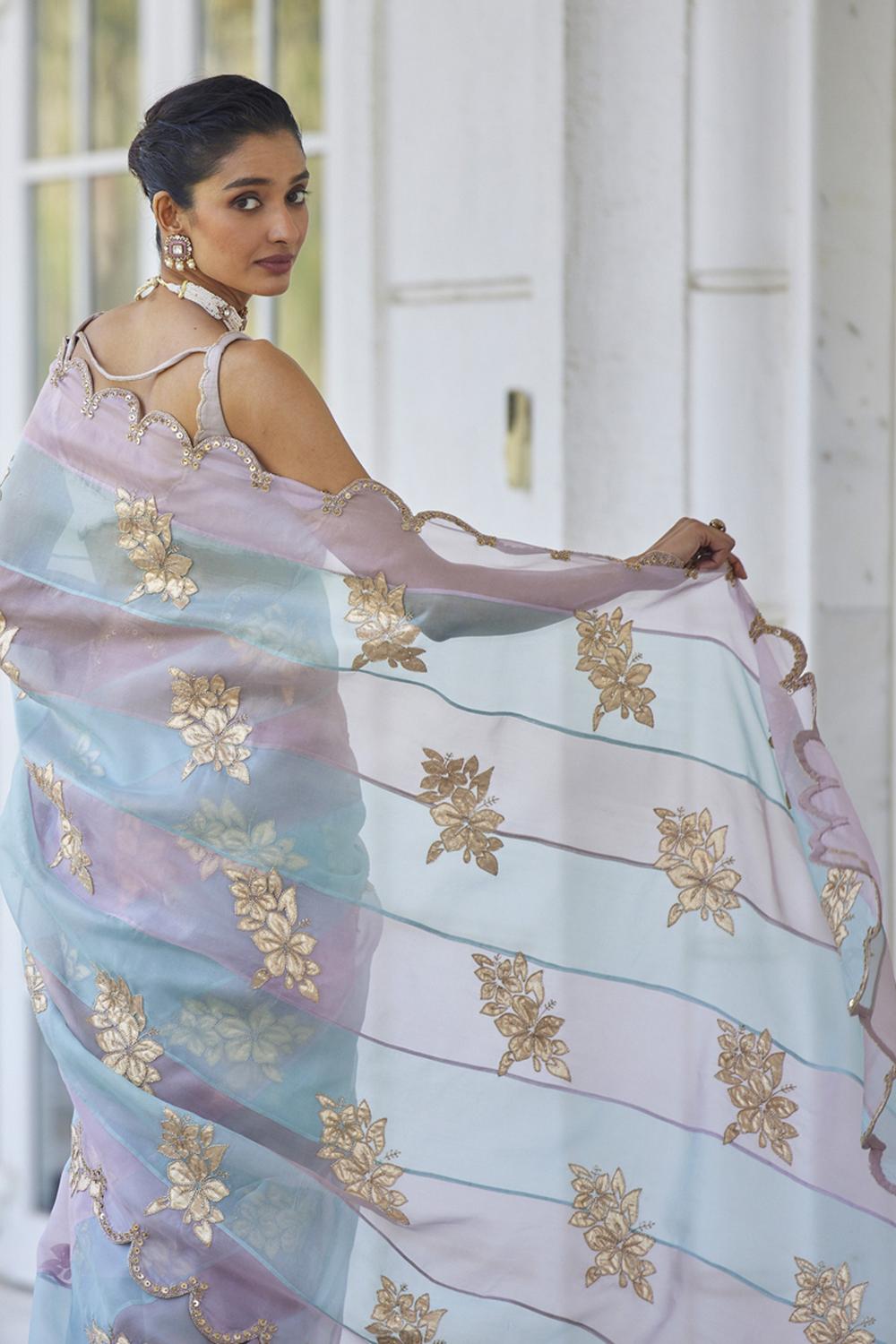 Ash Pink Flower Saree Set