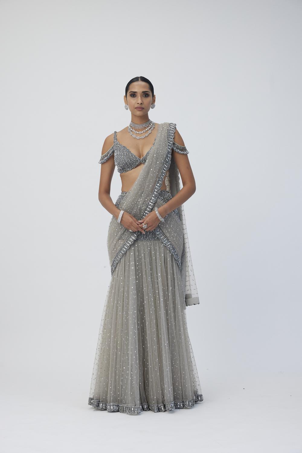 Crystal Grey Sequin Scattered Pre Draped Saree Set