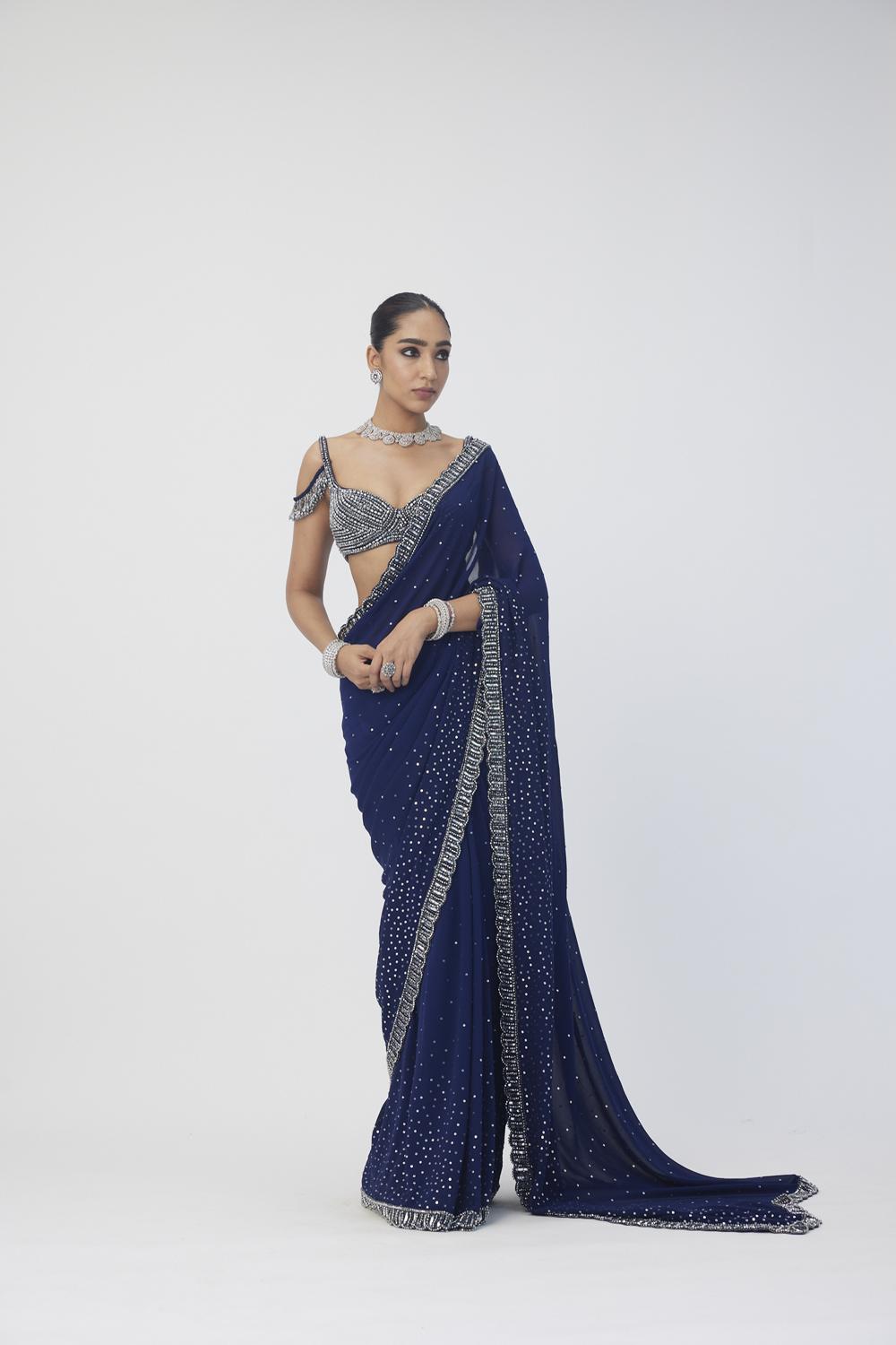 Deep Blue Sequins Scattered Saree Set