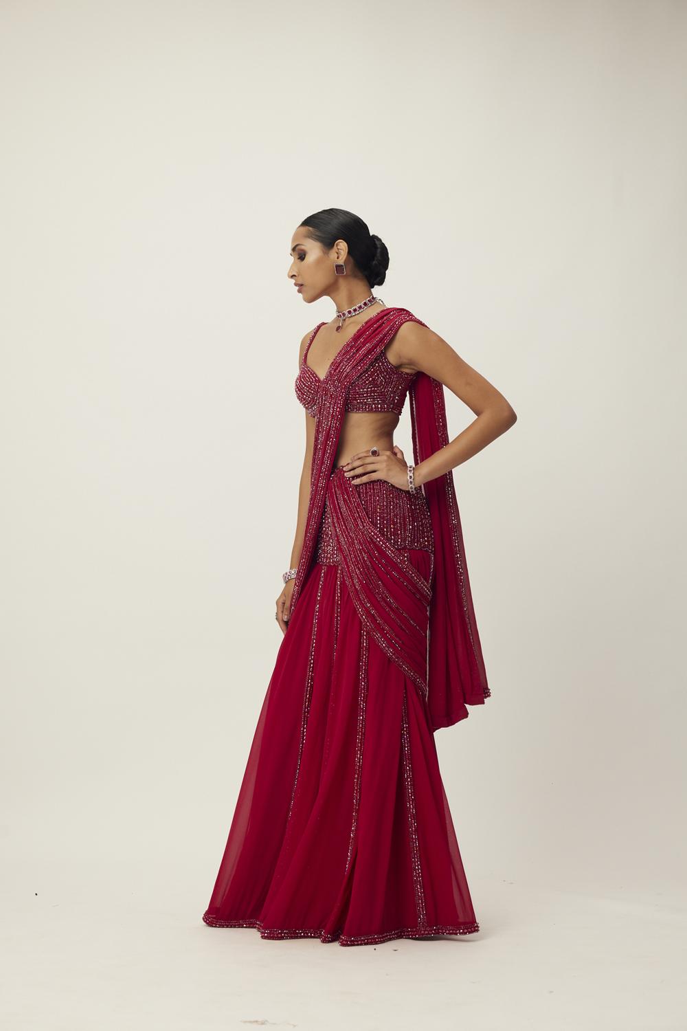 Ruby Red Pre Draped Crystal Embellished Saree Set