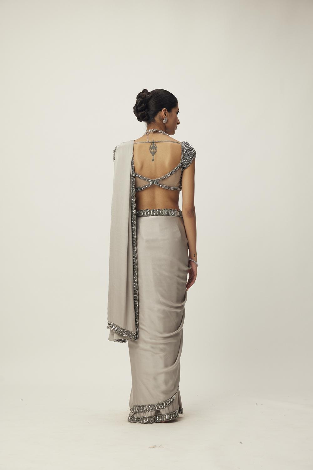 Crystal Grey Satin Saree Set