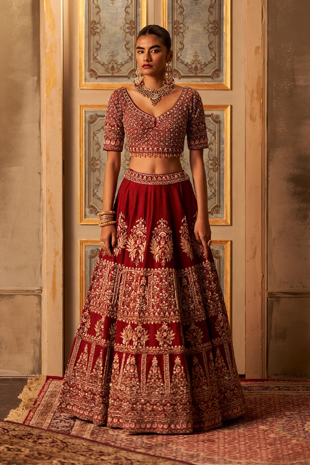Maroon Raw Silk Double Dupatta Lehenga Set