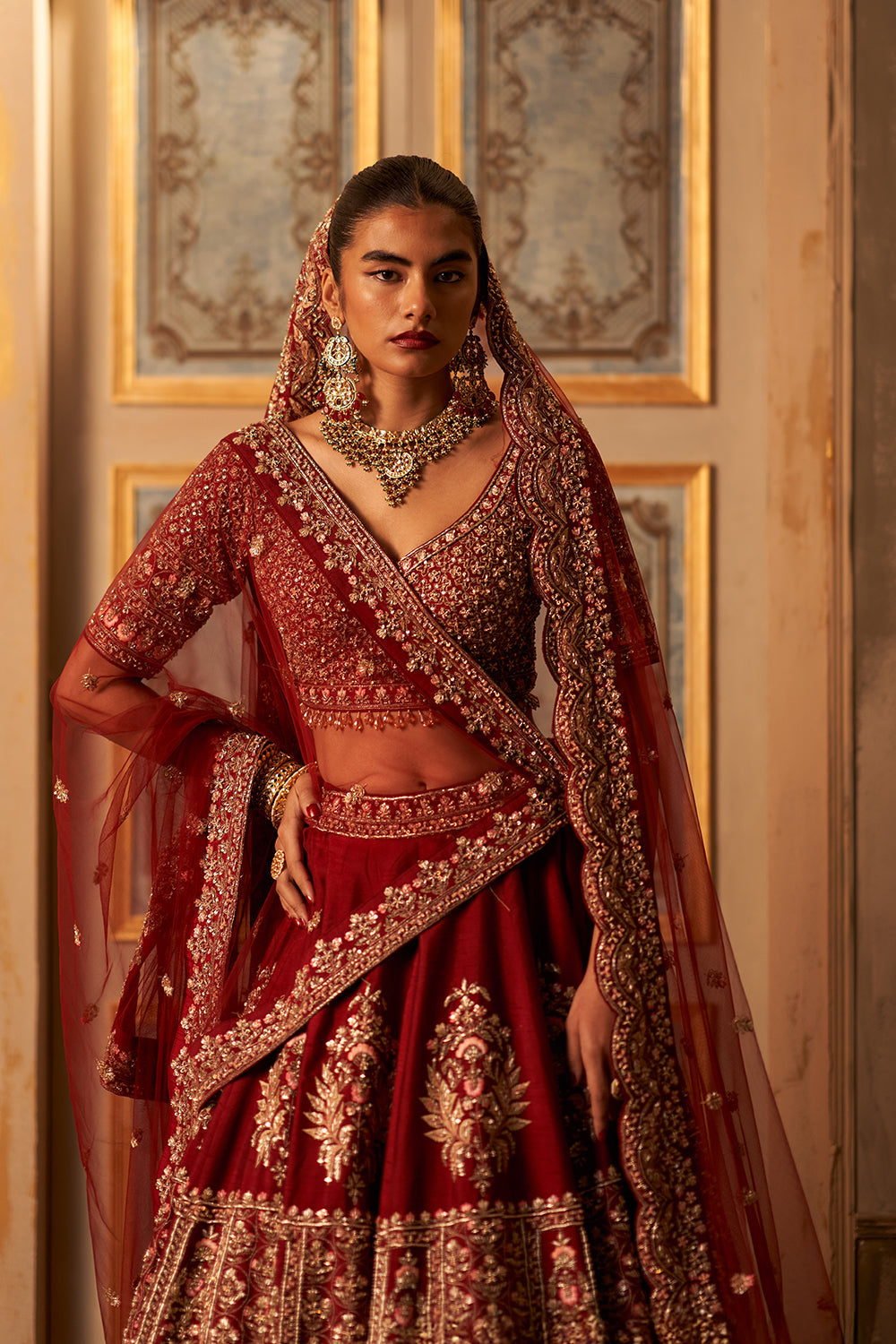 Maroon Raw Silk Double Dupatta Lehenga Set