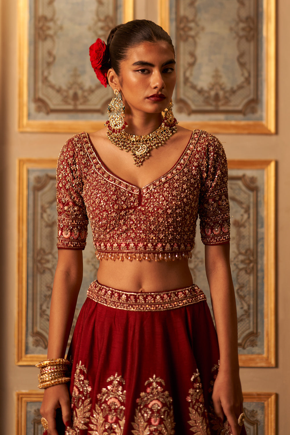 Maroon Raw Silk Double Dupatta Lehenga Set