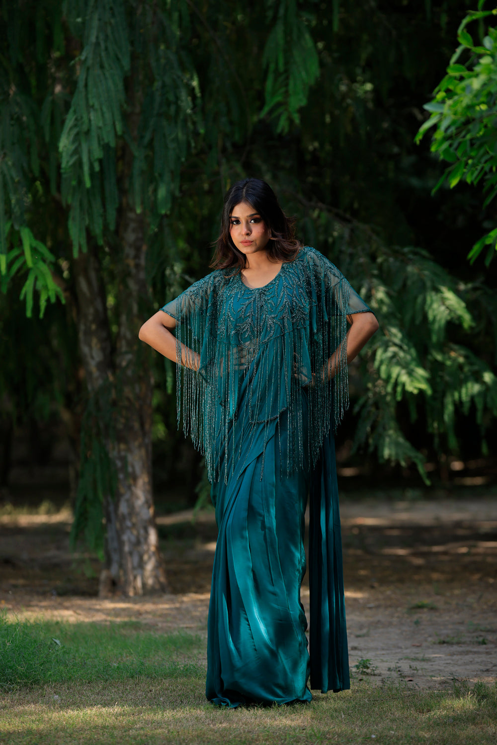 Peacock Green Drape Saree Set