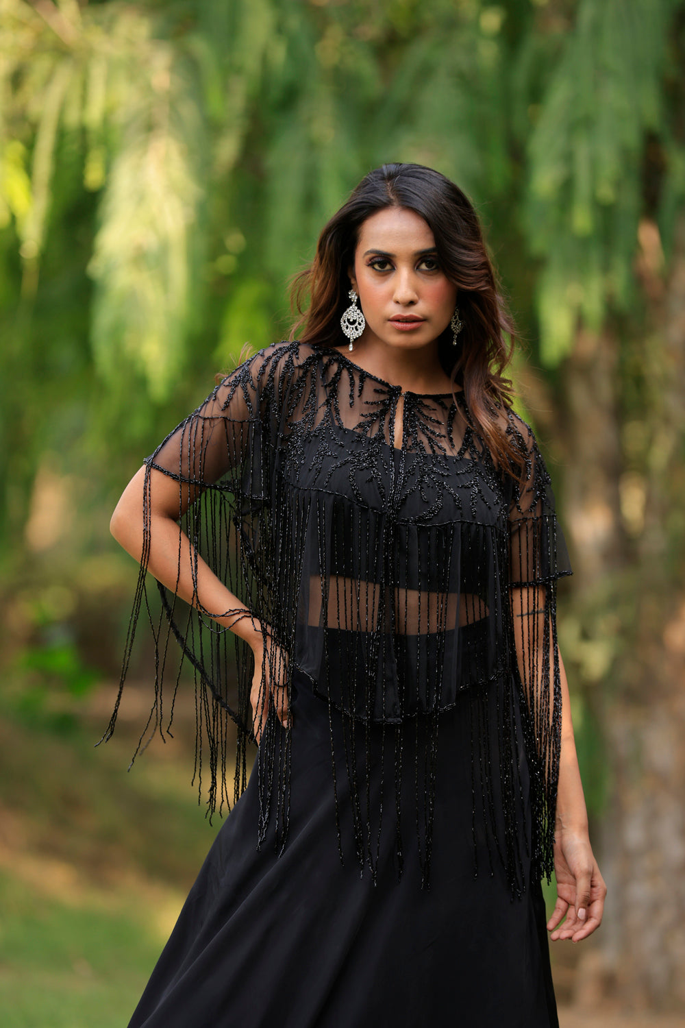 Black Jhallar Poncho Cape Jacket Set