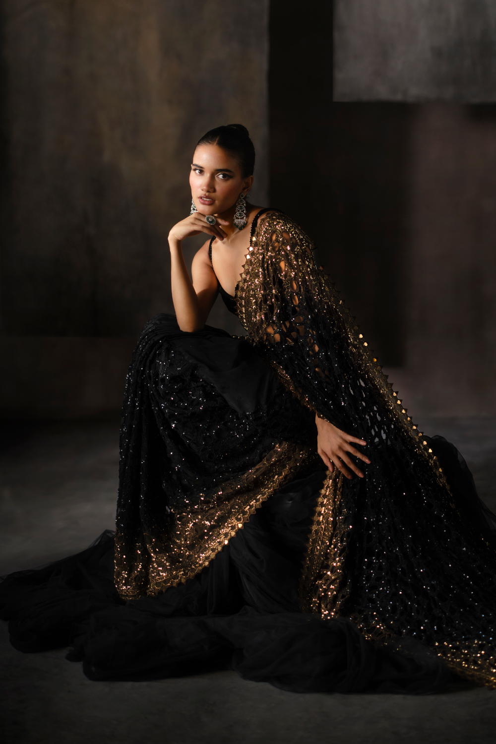 Black and gold Ombré cutwork saree