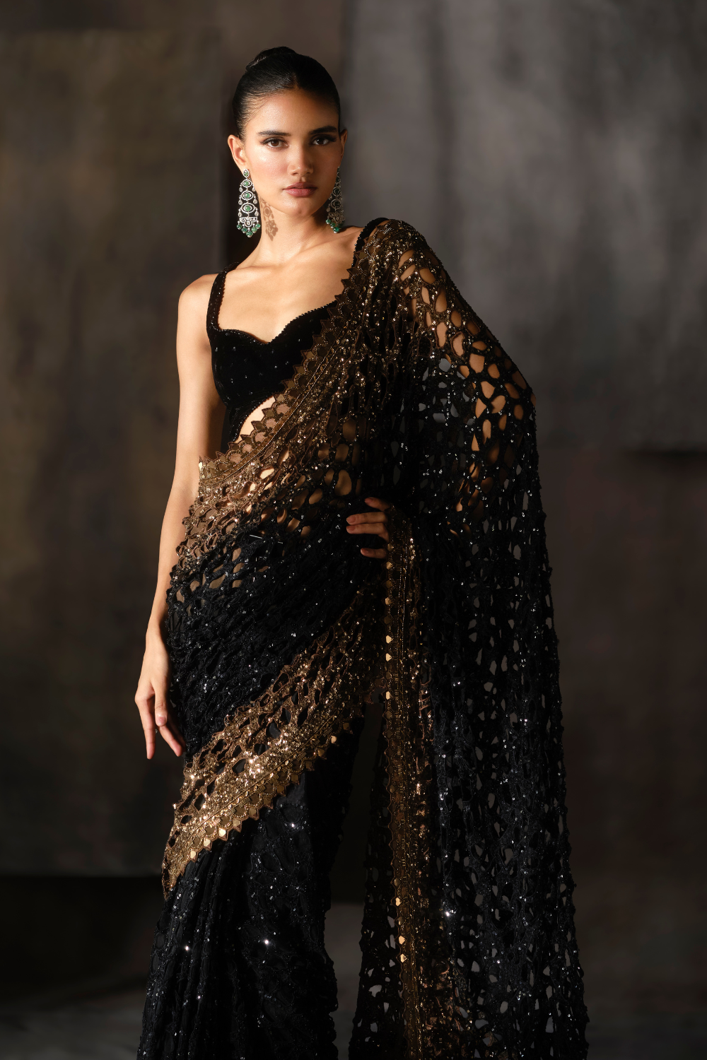 Black and gold Ombré cutwork saree
