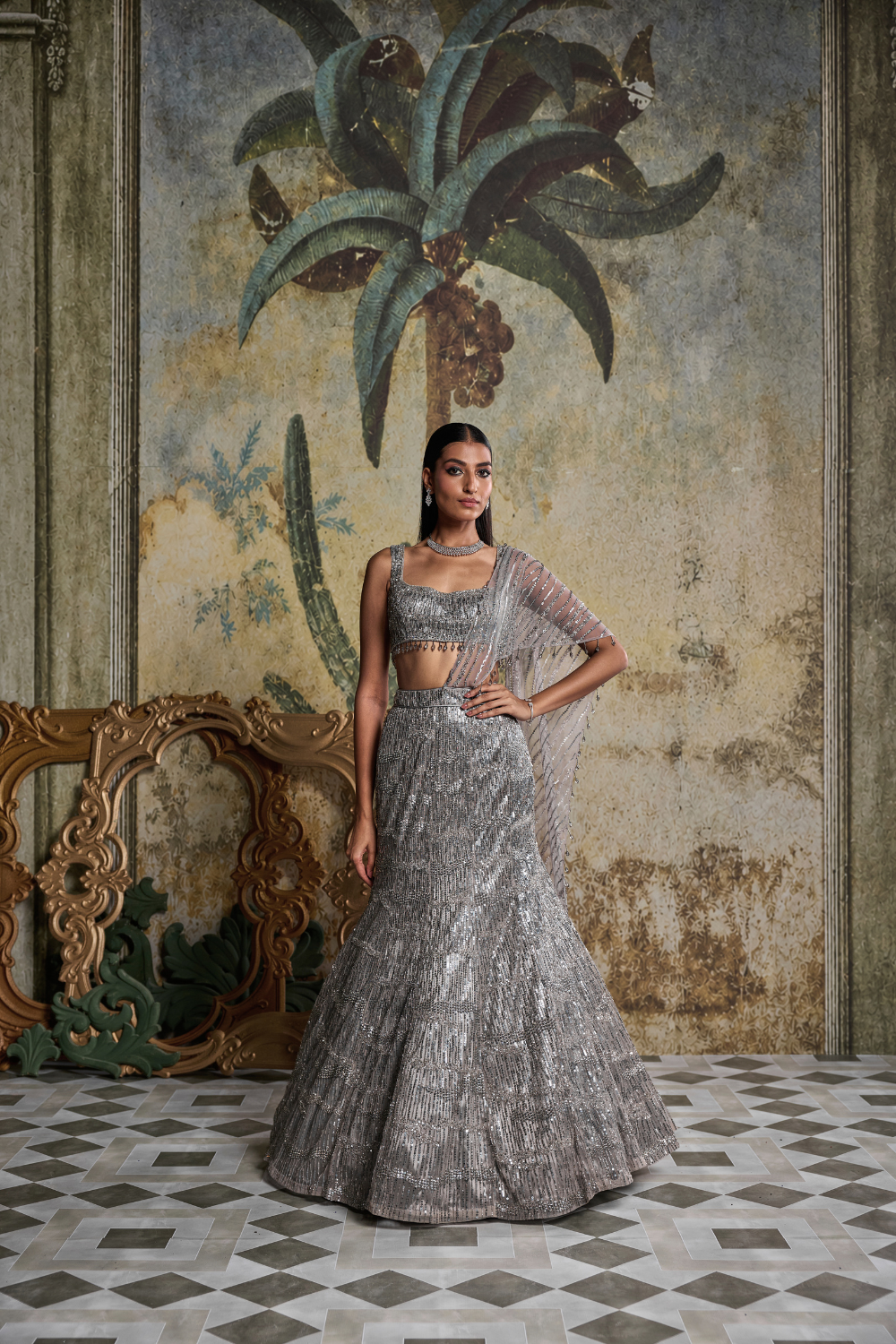 Silver Abstract Sequin Embellished Saree Set