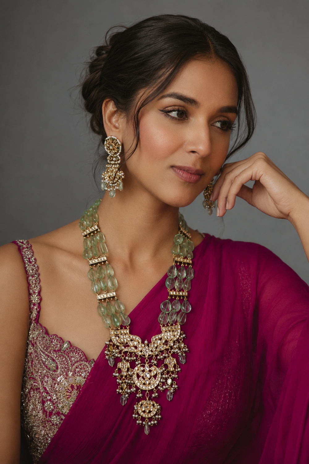 Emerald Bead Jaipuri Kundan Long Necklace Set