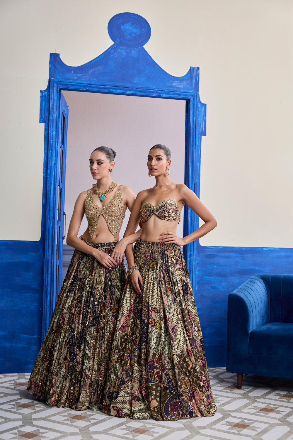 Gold Embroidered Blouse with Highlighted Lehenga & Embroidered Dupatta Set