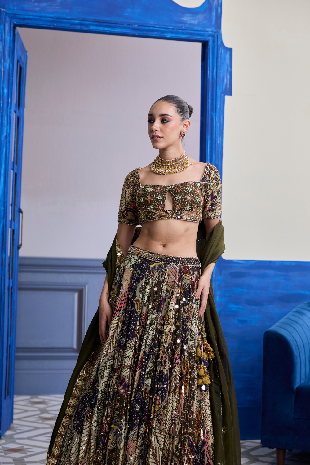 Olive Print Blouse with Highlighted Lehenga & Embroidered Dupatta Set (4-Piece)