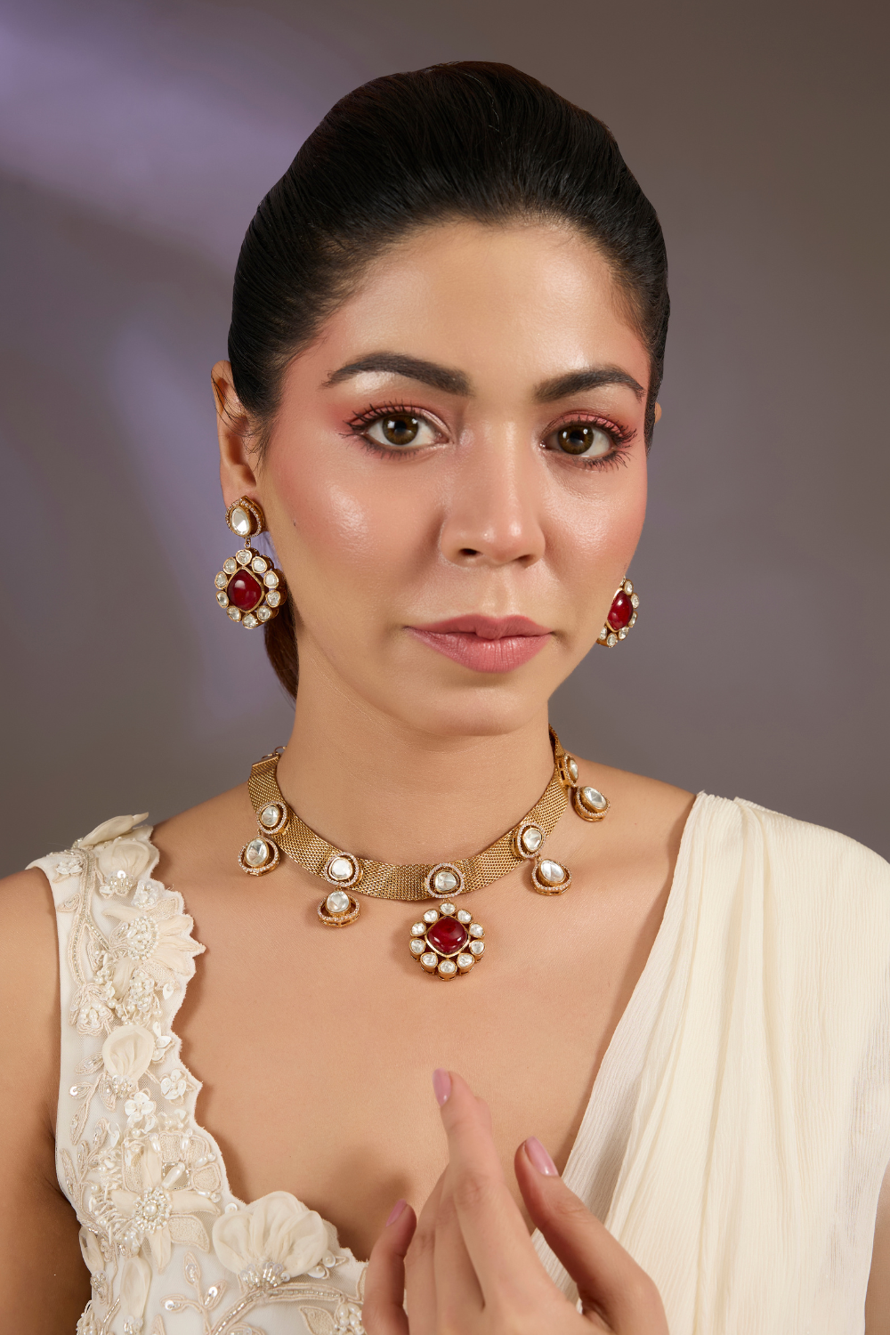 Ruby Polki Mesh Necklace Set