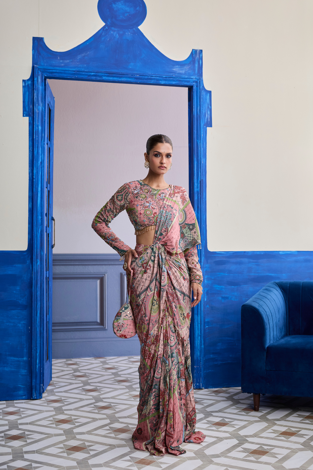 Dusk Pink Highlighted Blouse with Coordinated Printed Dhoti Saree Set