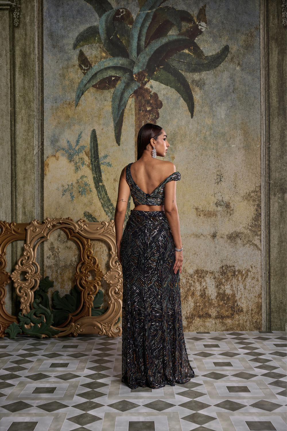 Midnight Blue Embellished Slit Skirt Set