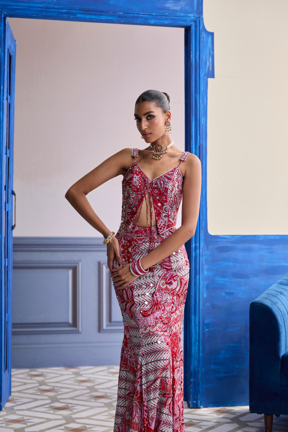 Red Floral Corset with Highlighted Mermaid Skirt Set